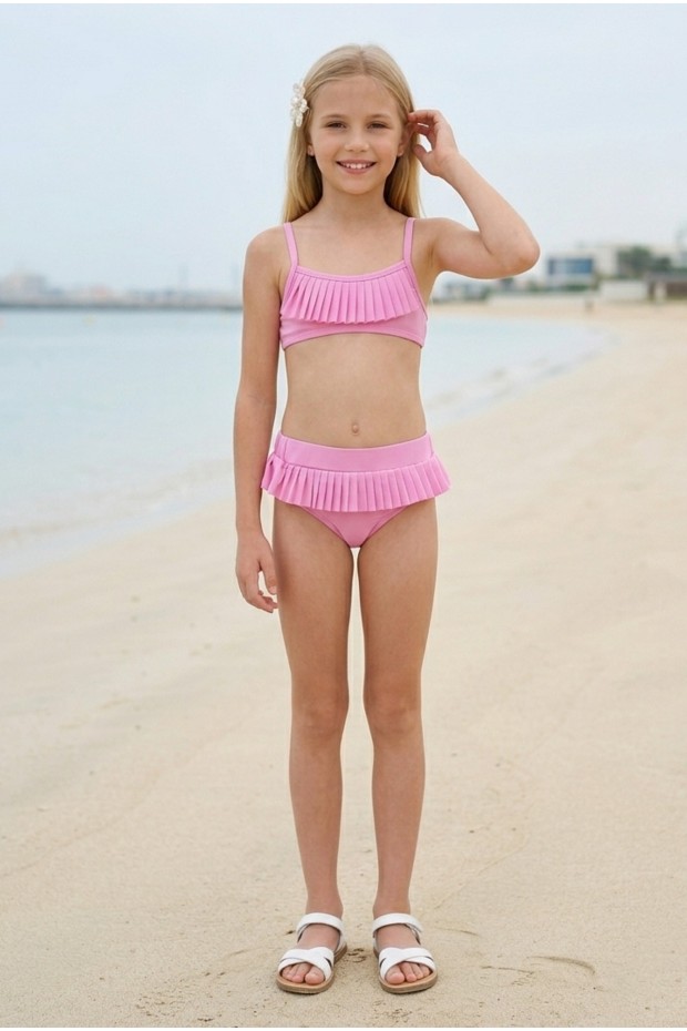 Kız Çocuk Polyester + Elastan Fırfırlı ve Pileli Şık Tasarım İkili Mayo