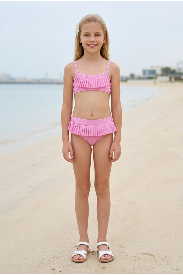 Kız Çocuk Polyester + Elastan Fırfırlı ve Pileli Şık Tasarım İkili Mayo