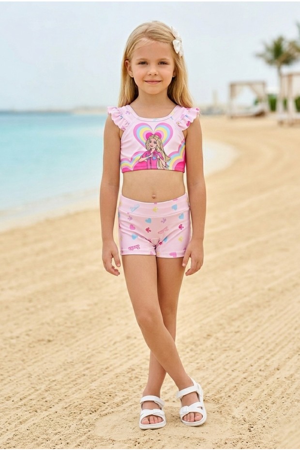 Kız Çocuk Polyester + Elastan Baskılı Fırfırlı Crop Üst ve Boxer Şortlu Mayo