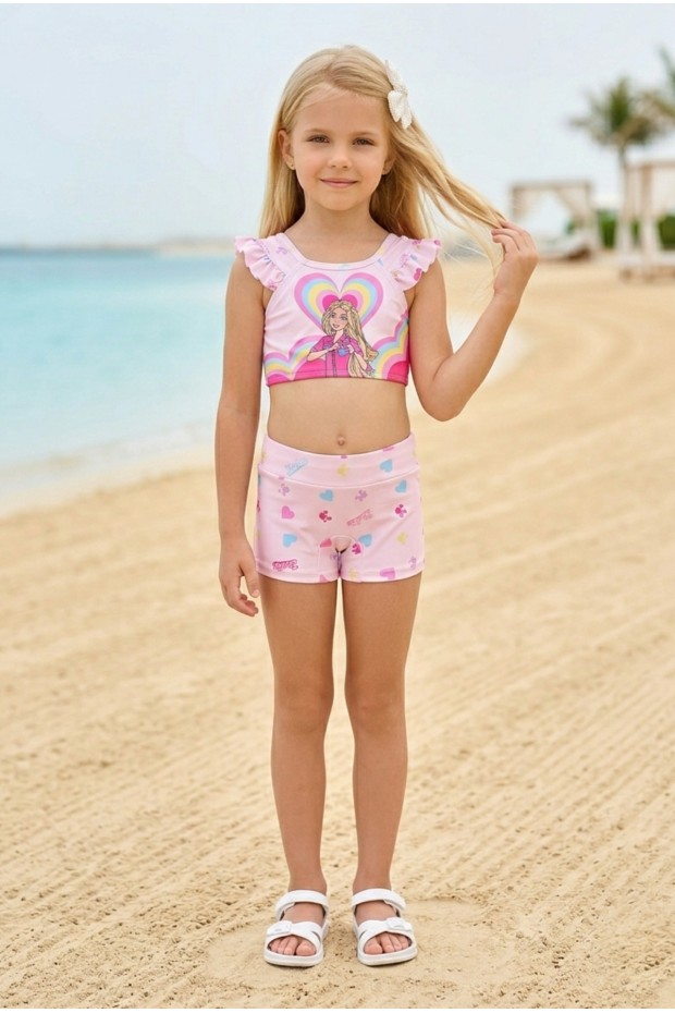 Kız Çocuk Polyester + Elastan Baskılı Fırfırlı Crop Üst ve Boxer Şortlu Mayo