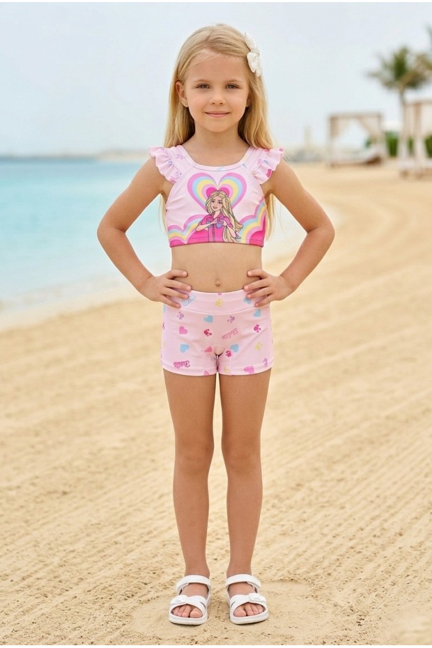 Kız Çocuk Polyester + Elastan Baskılı Fırfırlı Crop Üst ve Boxer Şortlu Mayo