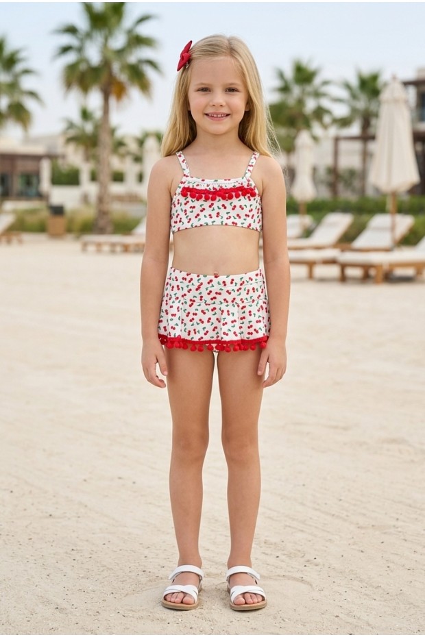 Kız Çocuk Polyester + Elastan Kiraz Desenli Kırmızı Ponpon Detaylı Fırfırlı Etekli Şık Tasarım İkili Mayo