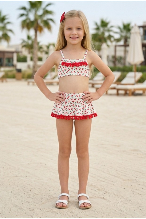 Kız Çocuk Polyester + Elastan Kiraz Desenli Kırmızı Ponpon Detaylı Fırfırlı Etekli Şık Tasarım İkili Mayo