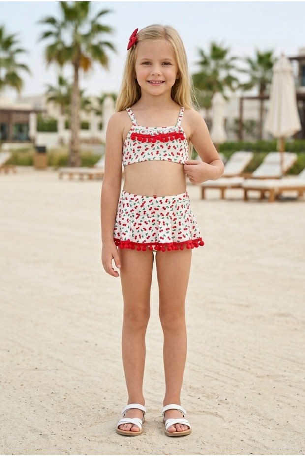 Kız Çocuk Polyester + Elastan Kiraz Desenli Kırmızı Ponpon Detaylı Fırfırlı Etekli Şık Tasarım İkili Mayo
