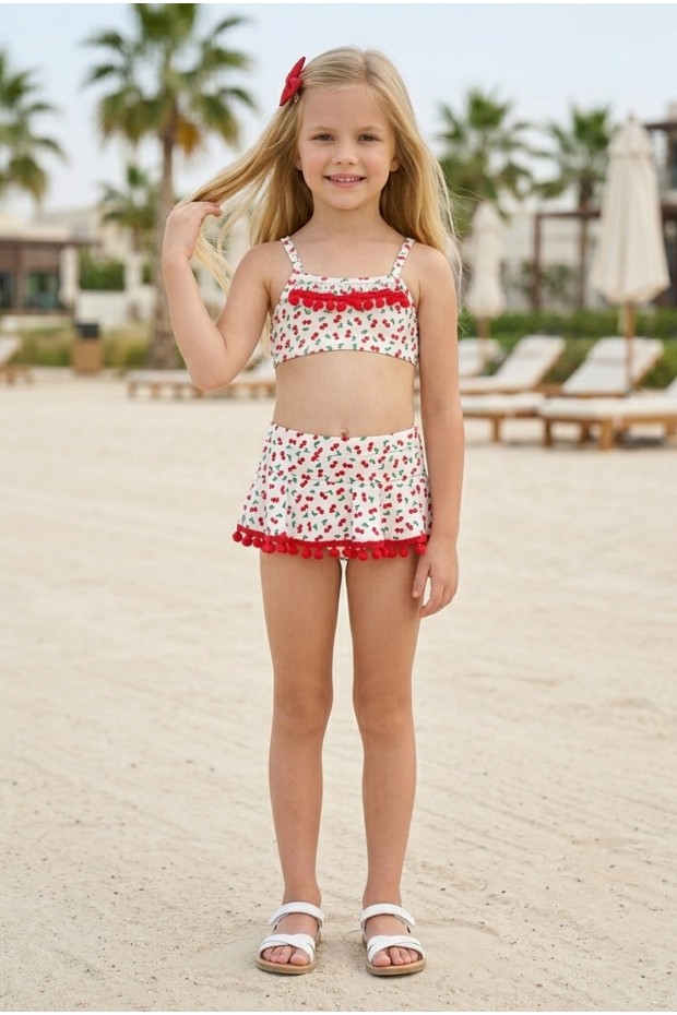 Kız Çocuk Polyester + Elastan Kiraz Desenli Kırmızı Ponpon Detaylı Fırfırlı Etekli Şık Tasarım İkili Mayo