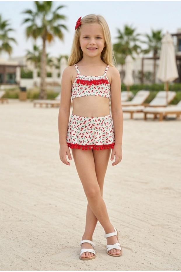 Kız Çocuk Polyester + Elastan Kiraz Desenli Kırmızı Ponpon Detaylı Fırfırlı Etekli Şık Tasarım İkili Mayo
