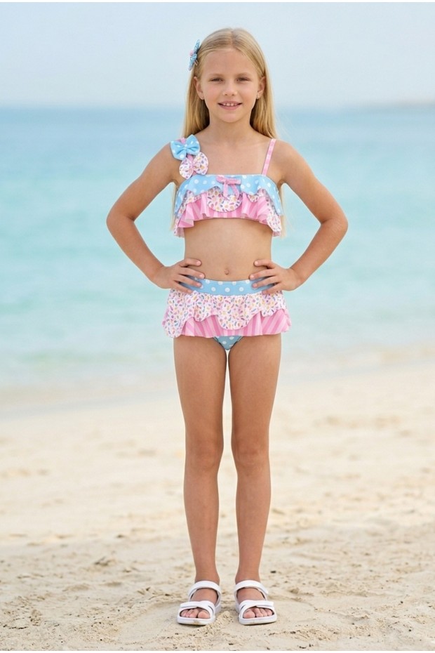 Garson Kız Çocuk Polyester + Elastan Puantiyeli ve Çizgili Fırfır Detaylı Şeker Desenli Mayo