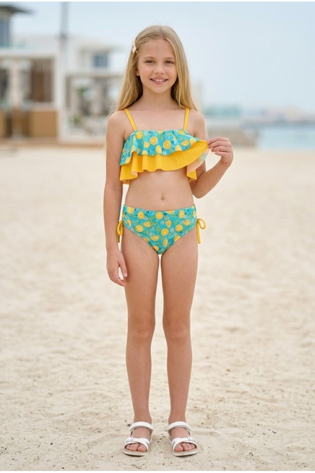 Kız Çocuk Polyester + Elastan Limon Desenli Fırfır Detaylı Ayarlanabilir Askılı Şık Tasarım İkili Mayo