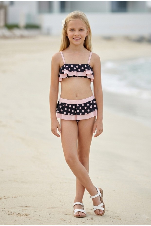 Kız Çocuk Polyester + Elastan Puantiyeli Çift Katlı Fırfır Detaylı Şık Tasarım İkili Mayo