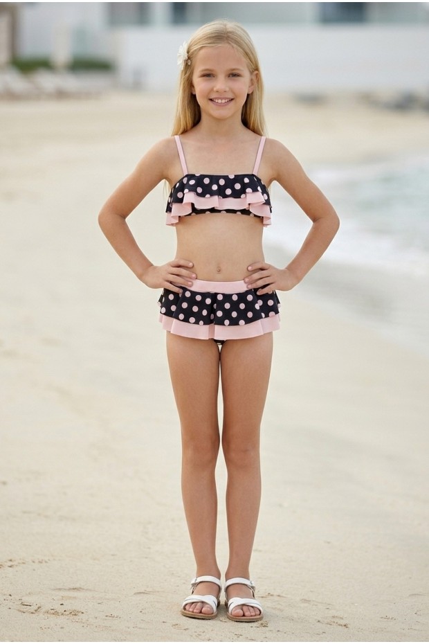 Kız Çocuk Polyester + Elastan Puantiyeli Çift Katlı Fırfır Detaylı Şık Tasarım İkili Mayo