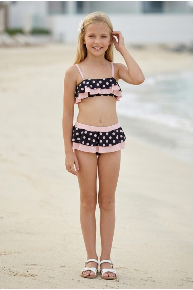 Kız Çocuk Polyester + Elastan Puantiyeli Çift Katlı Fırfır Detaylı Şık Tasarım İkili Mayo