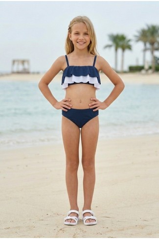 Kız Çocuk Polyester + Elastan Katlı Fırfır Detaylı Askılı Şık Tasarım Bikini Mayo
