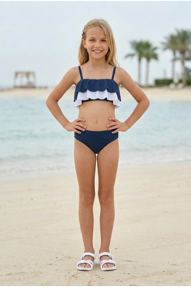 Kız Çocuk Polyester + Elastan Katlı Fırfır Detaylı Askılı Şık Tasarım Bikini Mayo