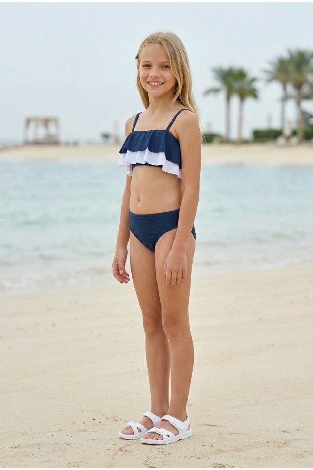 Kız Çocuk Polyester + Elastan Katlı Fırfır Detaylı Askılı Şık Tasarım Bikini Mayo