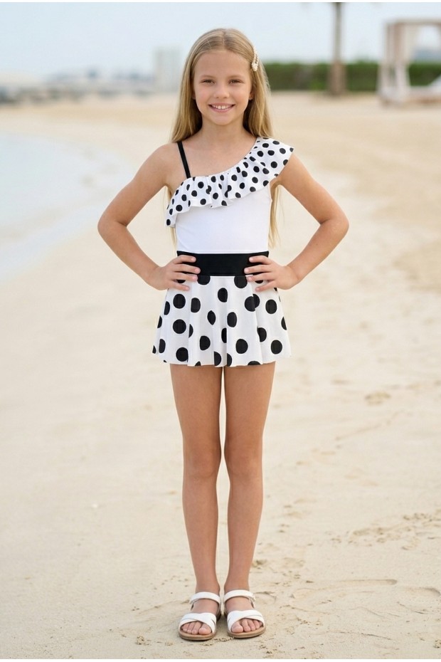 Kız Çocuk Polyester + Elastan Tek Omuz Fırfırlı Puantiyeli Şık Tasarım Elbise Mayo