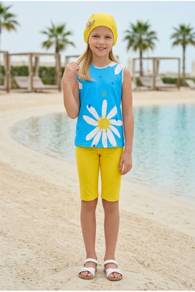 Kız Çocuk Polyester + Elastan Papatya Desenli Sıfır Kol Taytlı Boneli Haşema Mayo