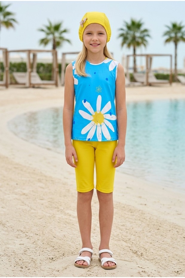 Kız Çocuk Polyester + Elastan Papatya Desenli Sıfır Kol Taytlı Boneli Haşema Mayo