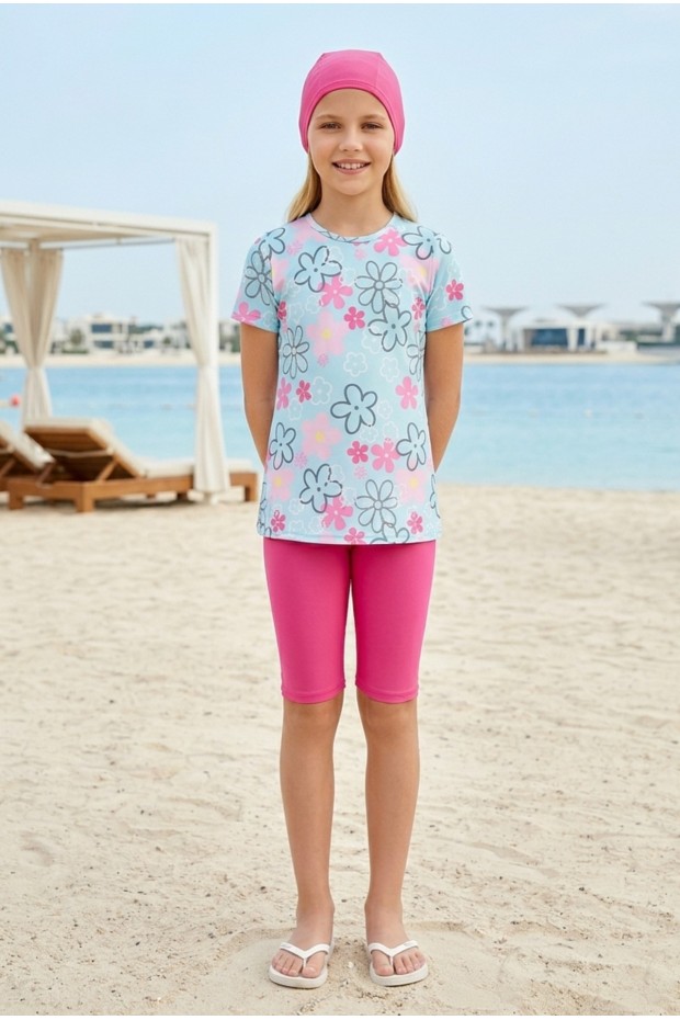 Kız Çocuk Polyester + Elastan Çiçek Desenli Kısa Kol Taytlı Boneli Haşema Mayo