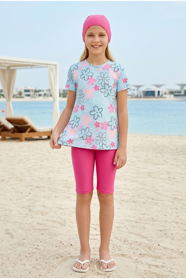 Kız Çocuk Polyester + Elastan Çiçek Desenli Kısa Kol Taytlı Boneli Haşema Mayo