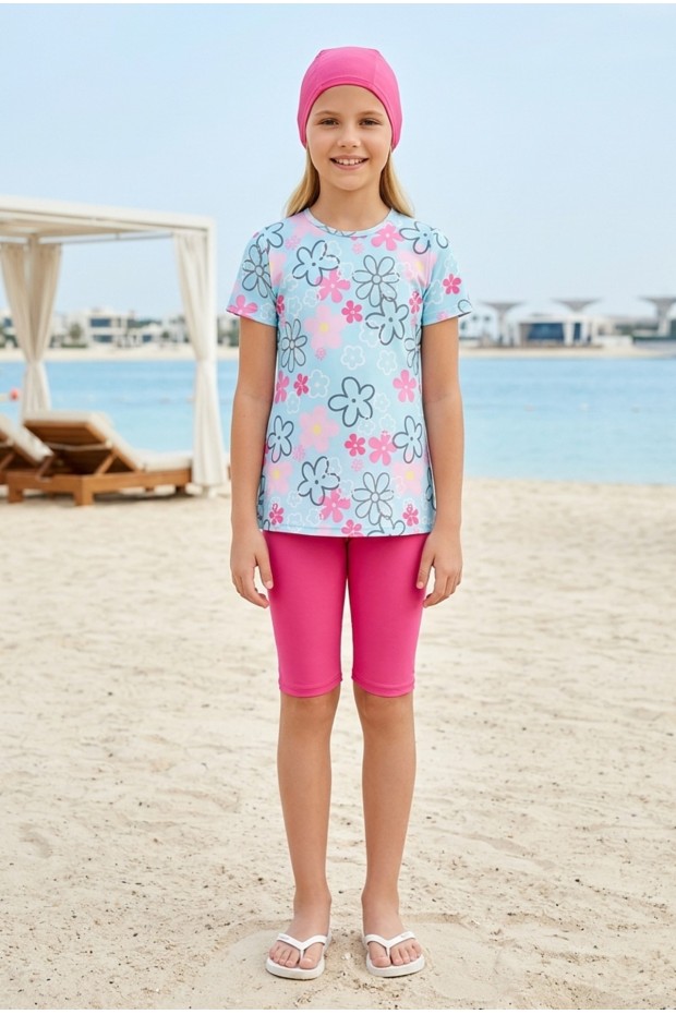 Kız Çocuk Polyester + Elastan Çiçek Desenli Kısa Kol Taytlı Boneli Haşema Mayo