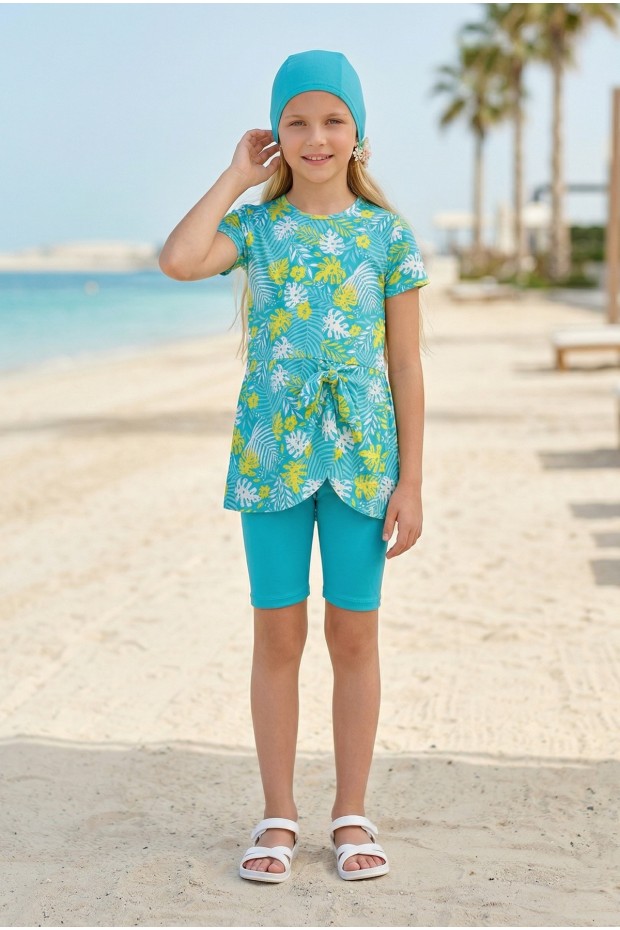Kız Çocuk Polyester + Elastan Tropikal Yaprak Desenli Taytlı Boneli Haşema Mayo