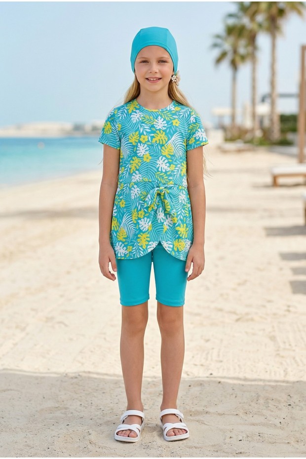 Kız Çocuk Polyester + Elastan Tropikal Yaprak Desenli Taytlı Boneli Haşema Mayo