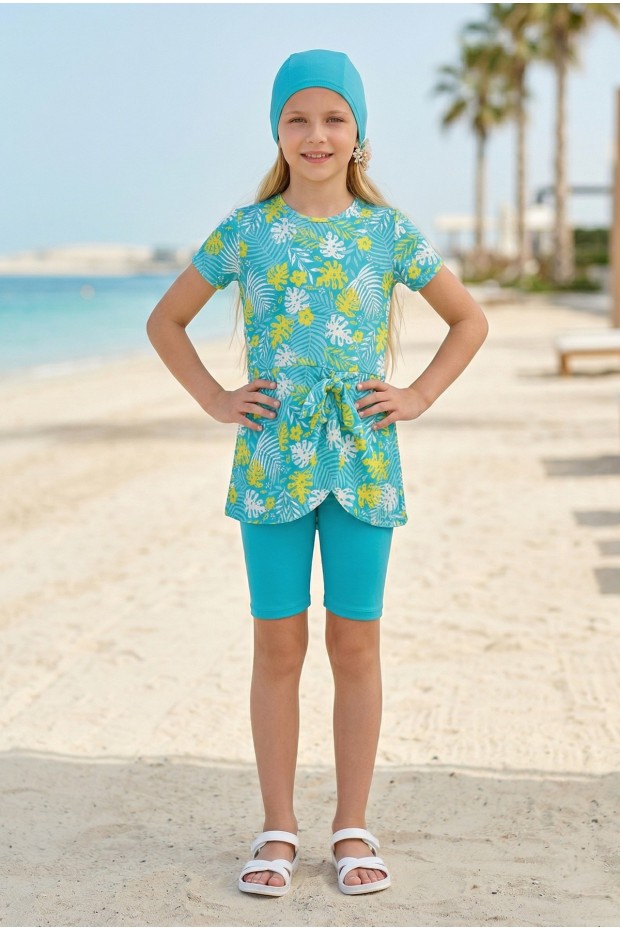 Kız Çocuk Polyester + Elastan Tropikal Yaprak Desenli Taytlı Boneli Haşema Mayo