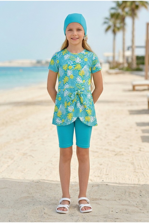 Kız Çocuk Polyester + Elastan Tropikal Yaprak Desenli Taytlı Boneli Haşema Mayo