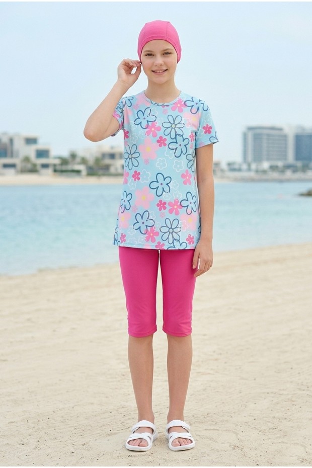 Garson Kız Çocuk Polyester + Elastan Çiçek Desenli Kısa Kol Taytlı Boneli Haşema Mayo