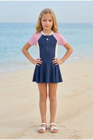 Kız Çocuk Polyester + Elastan Kısa Kollu ve Fermuarlı Etekli Şık Tasarım Elbise Mayo