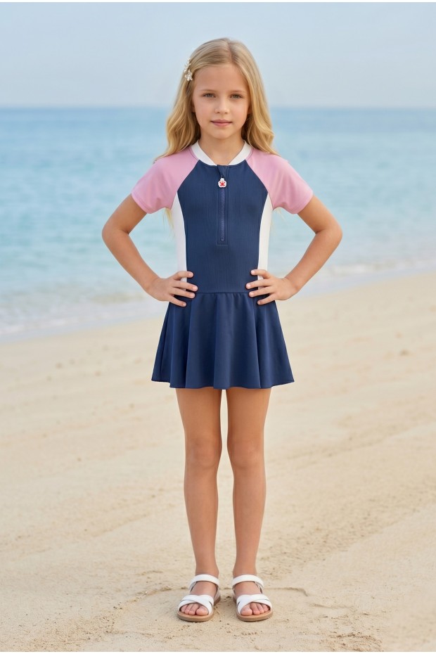 Kız Çocuk Polyester + Elastan Kısa Kollu ve Fermuarlı Etekli Şık Tasarım Elbise Mayo