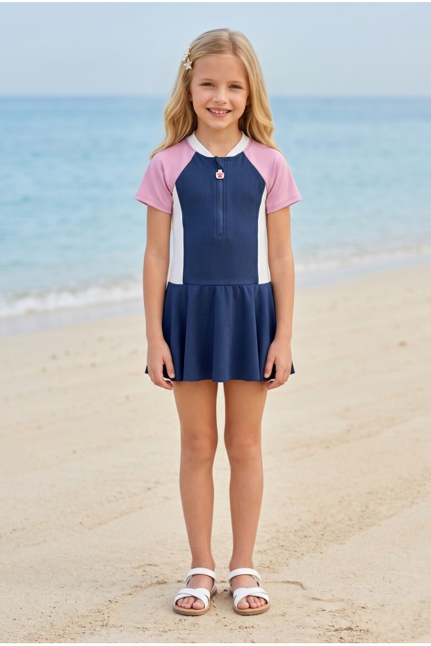 Kız Çocuk Polyester + Elastan Kısa Kollu ve Fermuarlı Etekli Şık Tasarım Elbise Mayo