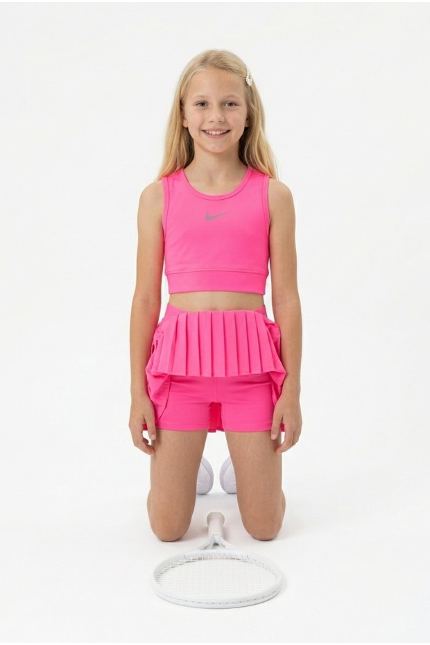 Kız Çocuk Polyester + Elastan Spor Crop Atlet ve Pileli Şort Etek Sporcu Takım