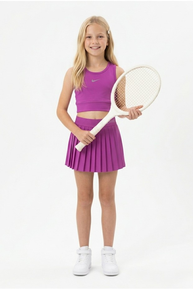 Kız Çocuk Polyester + Elastan Spor Crop Atlet ve Pileli Şort Etek Sporcu Takım