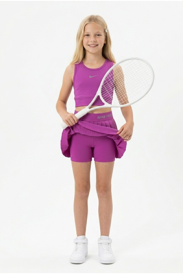 Kız Çocuk Polyester + Elastan Spor Crop Atlet ve Pileli Şort Etek Sporcu Takım