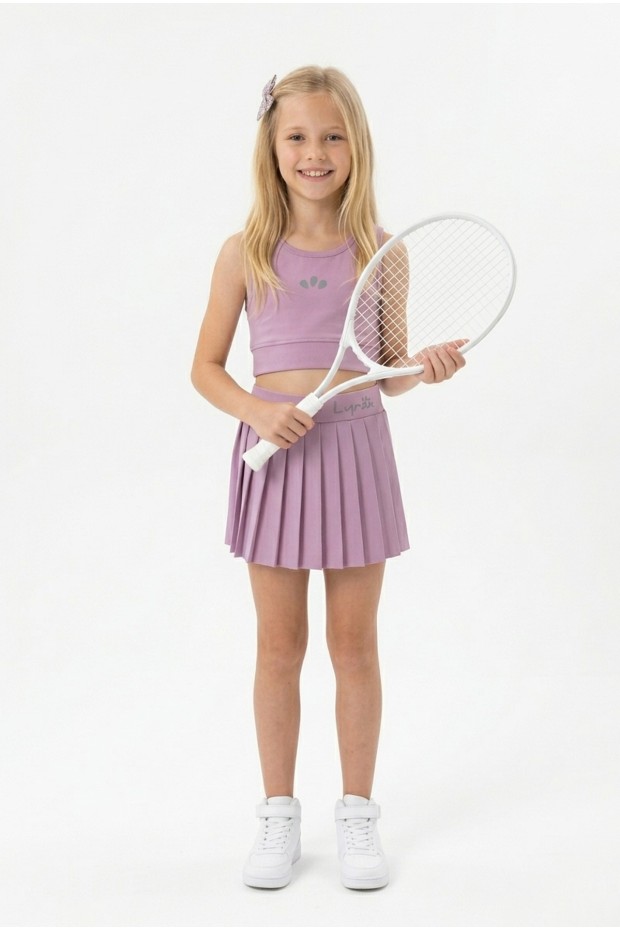 Kız Çocuk Polyester + Elastan Spor Crop Atlet ve Pileli Şort Etek Sporcu Takım