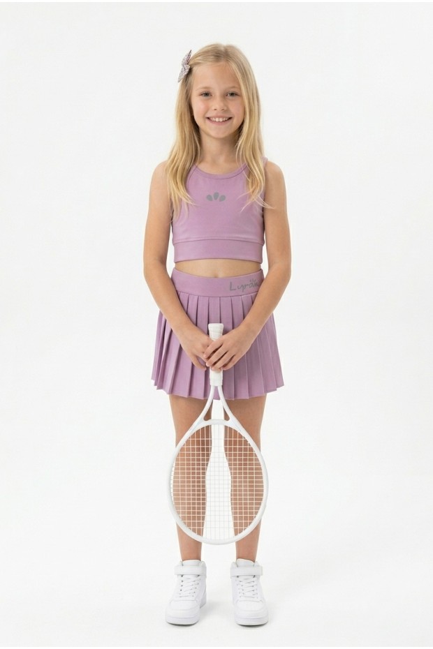 Kız Çocuk Polyester + Elastan Spor Crop Atlet ve Pileli Şort Etek Sporcu Takım