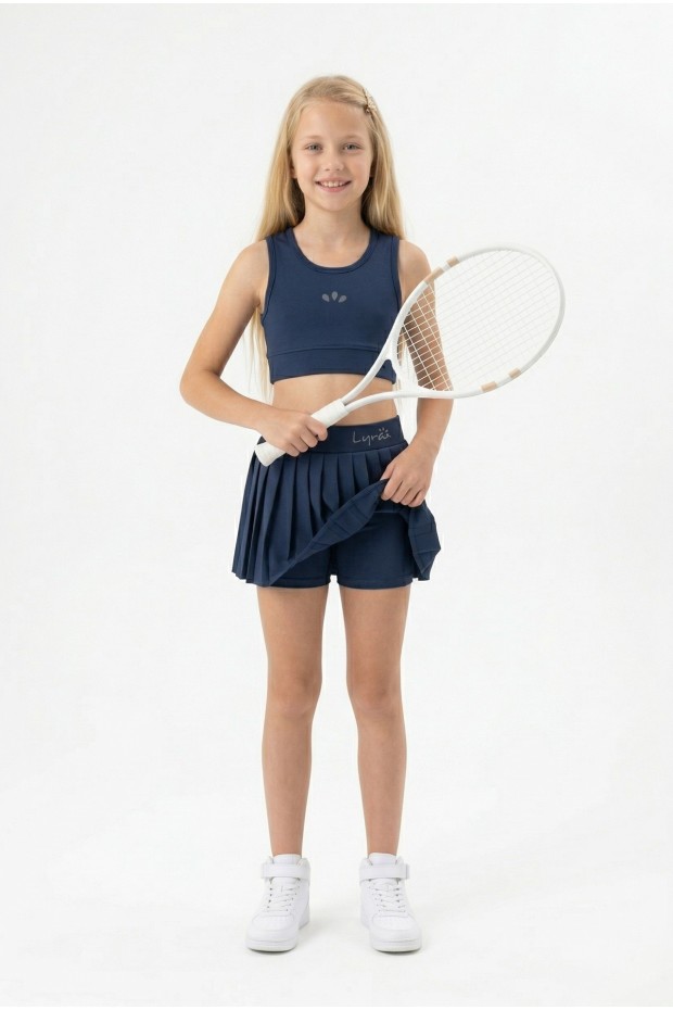 Kız Çocuk Polyester + Elastan Spor Crop Atlet ve Pileli Şort Etek Sporcu Takım