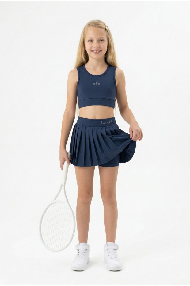 Kız Çocuk Polyester + Elastan Spor Crop Atlet ve Pileli Şort Etek Sporcu Takım