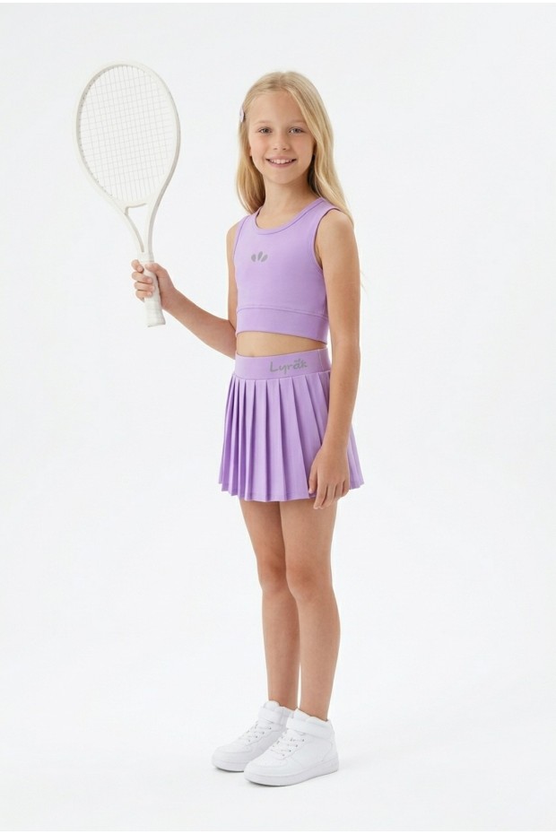 Kız Çocuk Polyester + Elastan Spor Crop Atlet ve Pileli Şort Etek Sporcu Takım