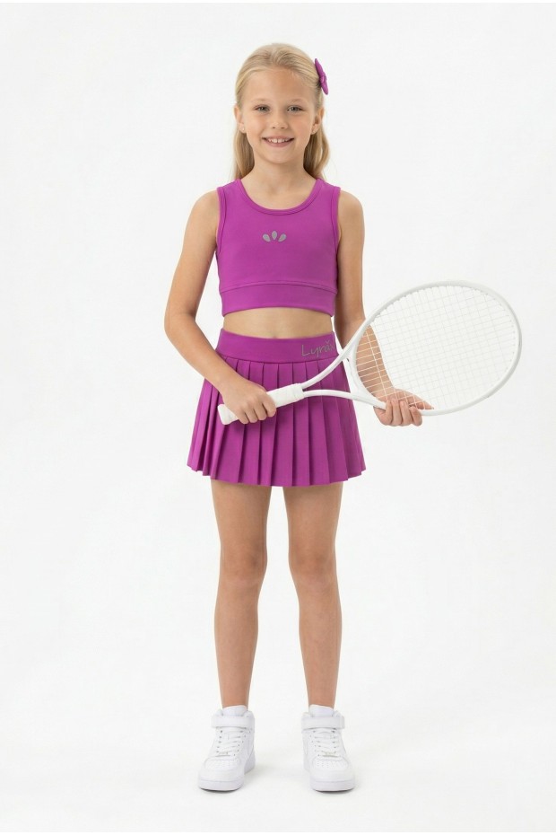 Kız Çocuk Polyester + Elastan Spor Crop Atlet ve Pileli Şort Etek Sporcu Takım