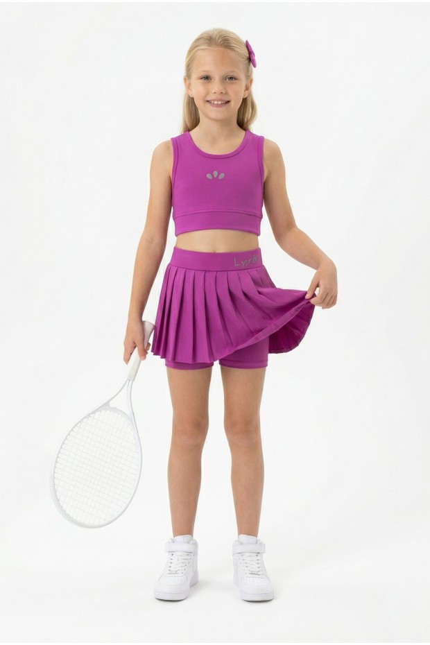 Kız Çocuk Polyester + Elastan Spor Crop Atlet ve Pileli Şort Etek Sporcu Takım