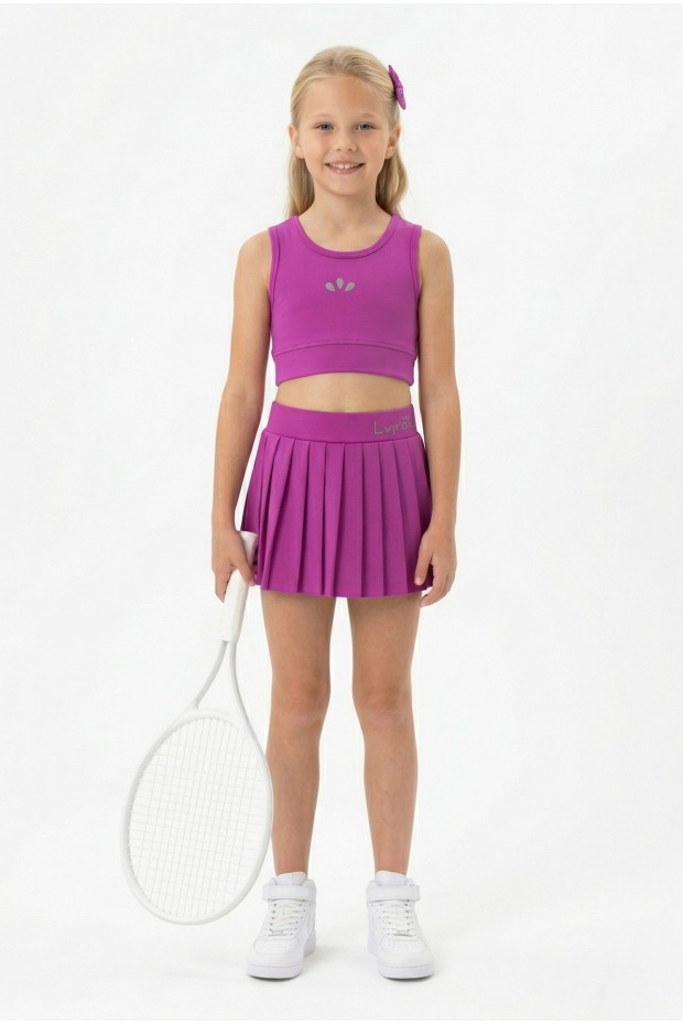 Kız Çocuk Polyester + Elastan Spor Crop Atlet ve Pileli Şort Etek Sporcu Takım