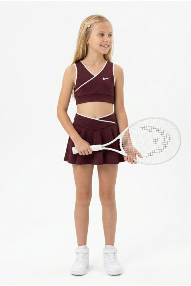 Kız Çocuk Polyester + Elastan V Yaka Kruvaze Spor Crop Pileli Şort Etek Sporcu Takım 