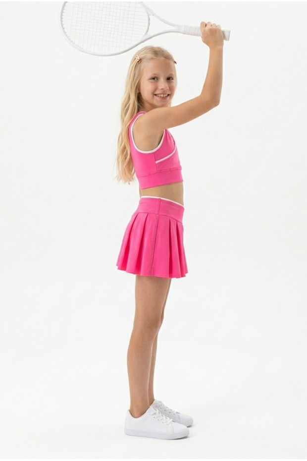 Kız Çocuk Polyester + Elastan V Yaka Kruvaze Spor Crop Pileli Şort Etek Sporcu Takım