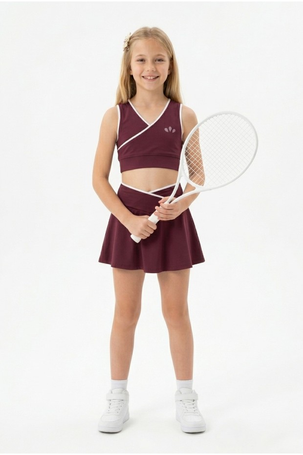 Kız Çocuk Polyester + Elastan V Yaka Kruvaze Spor Crop Pileli Şort Etek Sporcu Takım
