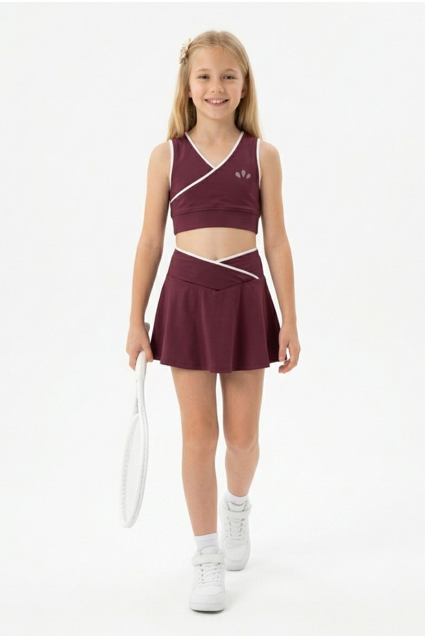 Kız Çocuk Polyester + Elastan V Yaka Kruvaze Spor Crop Pileli Şort Etek Sporcu Takım