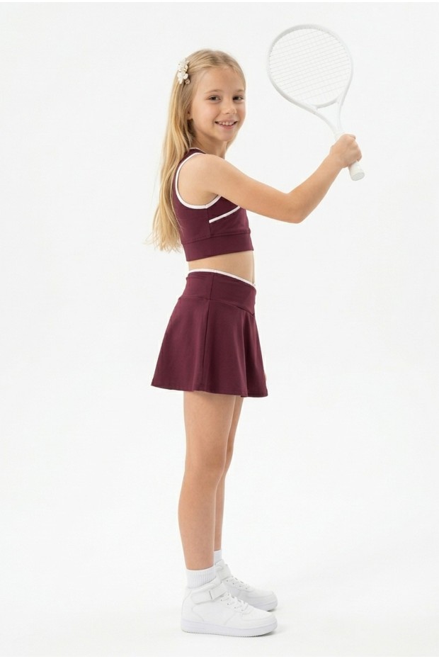 Kız Çocuk Polyester + Elastan V Yaka Kruvaze Spor Crop Pileli Şort Etek Sporcu Takım