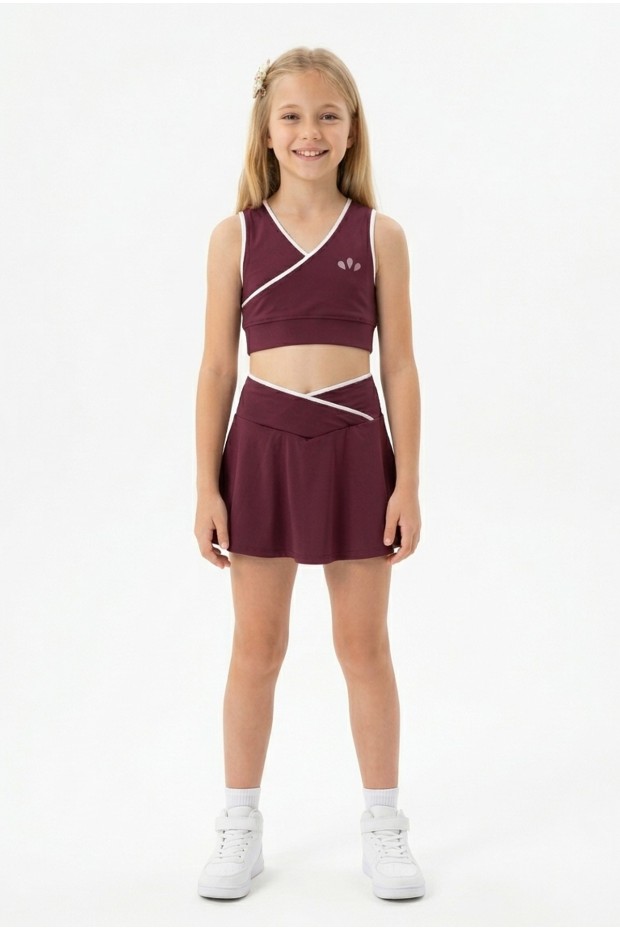 Kız Çocuk Polyester + Elastan V Yaka Kruvaze Spor Crop Pileli Şort Etek Sporcu Takım