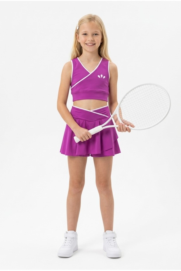 Kız Çocuk Polyester + Elastan V Yaka Kruvaze Spor Crop Pileli Şort Etek Sporcu Takım